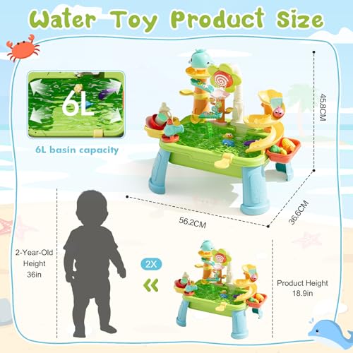 SwinKate Upgraded 4-in-1 Sand Water Table for Toddlers 1-3, Kids Sensory Table with Electric Water Pump & Sun Flower Faucet, Play Kitchen Sink with Food Accessories, Fishing Toy ‒ Adjustable Height