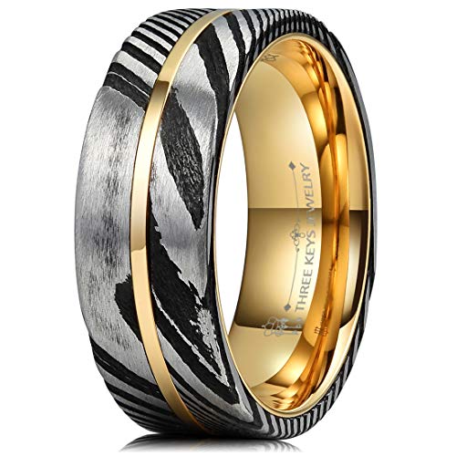 Three Keys Jewelry 8mm Black Damascus Steel Mens Wedding Ring Domed Wood Grain Plated Gold Liner & Inlay Damascus Wedding Band Engagement Ring Size 12