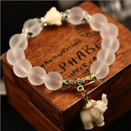 Lantusi Women Fashion White Jade Beaded Bracelet Animal Pendant Elastic Bracelets
