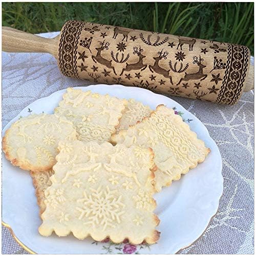 Natural Wood Rolling Pin,Christmas Wooden Engraved Embossing Rolling Pin Embossed Kitchen Tool (38 CM Elk)