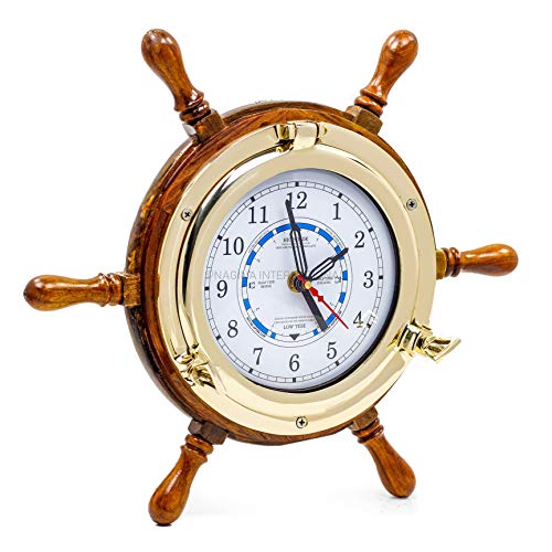 14" Authentic Nautical Time Tide Clock Porthole Ship Wheel Navy