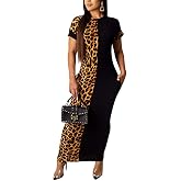 Womens Leopard Print Long Dresses - Short Sleeve Bodycon Club Midi Dress with Pockets