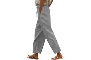 Women's Cotton Linen Pants Straight Leg Cotton Linen Pant Drawstring Elastic Waist Casual Pants Summer Beach Pant with Pocket