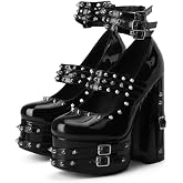 Frankie Hsu Goth Chunky Platform High Heeled Pumps Ankle Bootie, Black Patent Strappy Rivets Punk Gothic Y2K Hot Girl Boot, Big Large Size Shoes For Women Men
