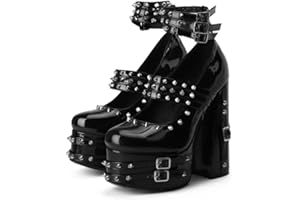 Frankie Hsu Goth Chunky Platform High Heeled Pumps Ankle Bootie, Black Patent Strappy Rivets Punk Gothic Y2K Hot Girl Boot, B