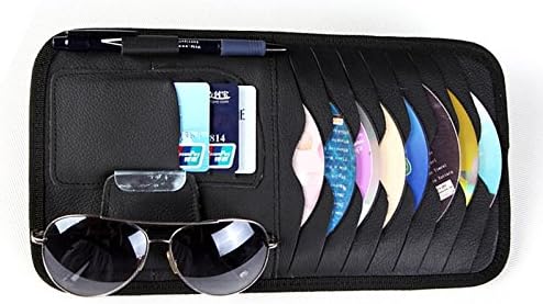 Car Sun Visor Sunshade CD DVD VCD Disc Sleeve Wallet PU Leather Storage Case Holder with Glasses and Cards Organizer Clips Black Color