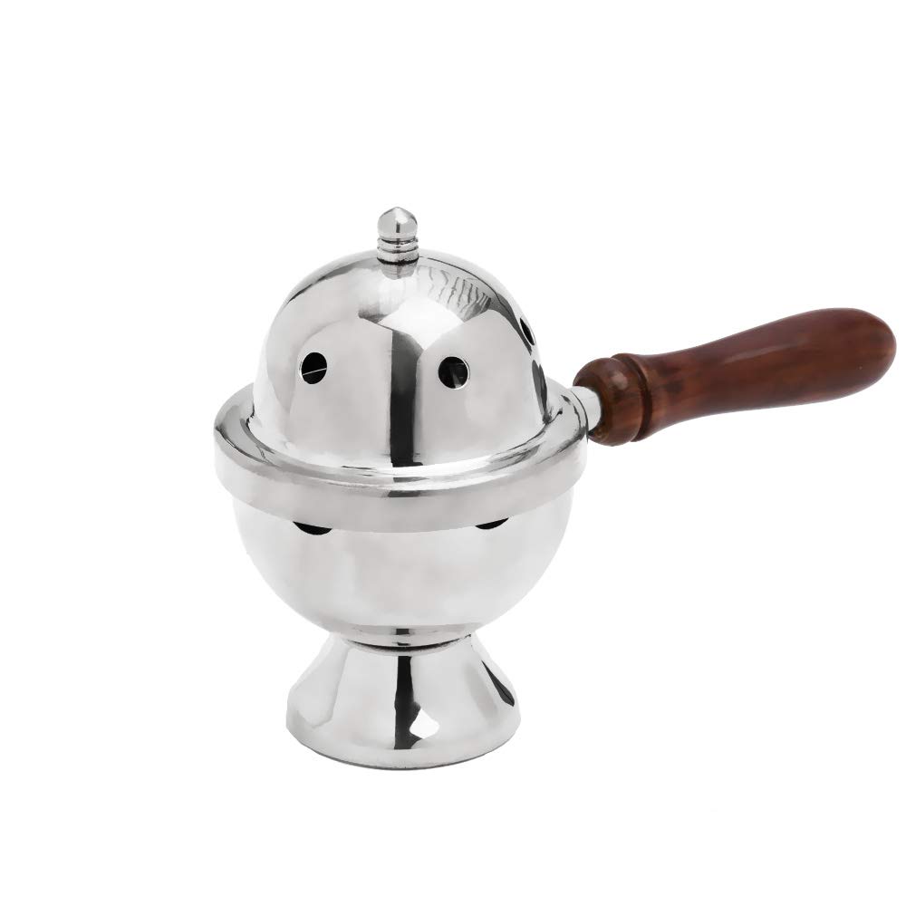 NKlaus Incense Pan with Wooden Handle for Incense Incense Blend Incense Burner Brass Nickel Plated Solid Handmade Decoration Esoteric 2839