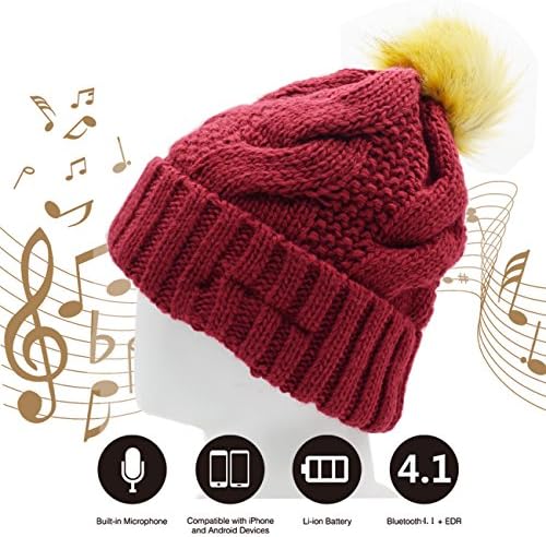 Grenergy Wireless Bluetooth Thick Knit Beanie Hat include Built-in Stereo Headphone Earphone and Microphone for Outdoor Sports or Holiday Gifts (Rose Red-B)