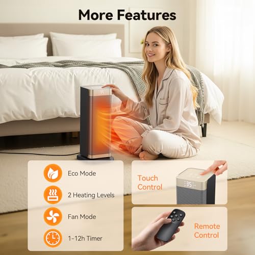 Space Heater for Indoor Use, 1500W PTC Ceramic Fast Heating with Thermostat, 70° Oscillating, 12h Timer, Overheating & Tip-Over Protection, Portable Electric Heater for Bedroom OfficeHome, 16'' Tall