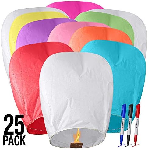 All Natural Shop 25 Pack Chinese Sky Lanterns - Color, 100% Biodegradable. Wire-Free Paper Japanese Prime Paper Sky Lantern To Release In Sky.