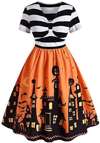 Women's Vintage Plus Size Striped Halloween Skull Pumpkin Printed A-Line Dress