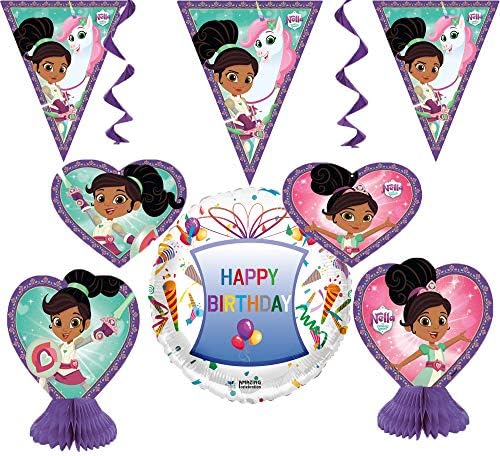 Amazing Celebration Nella The Princess Knight Party Supplies Birthday Honeycomb Hanging Swirls Banner and Happy Birthday Balloon Decoration Bundle