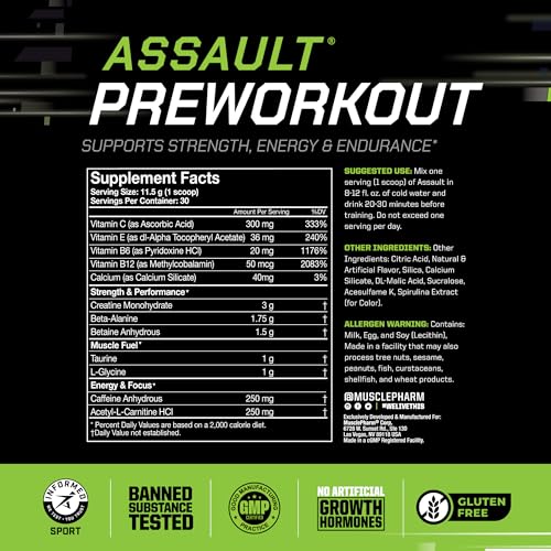 Muscle Pharm Assault Energy & Strength Pre Workout Powder for Men & Women with Beta Alanine, Caffeine, Creatine & Betaine Anhydrous, Pre-Workout Supplements, 30 Servings, Blue Raspberry Flavor