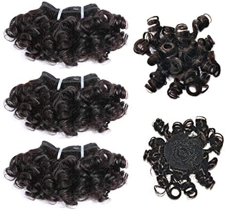 YanT HAIR 8A Grade Peruvian Virgin Hair Bouncy Curly Human Hair Weave Bundles Natural Color 3 pieces 6 inches and 1 crown closure(About 35 grams each bundle)