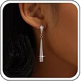 Aneneiceera Vintage Crystal Chandeliers Drop Earrings Silver Tennis Chain Earring Long Rhinestone Dangle Earring Cz Paved Chain Tassel Earrings Wedding Chandelier Statement Earrings Jewelry for Women