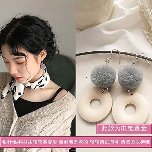 Chwewxi Autumn and winter plush ball suitable for round face earrings Korean temperament earrings earrings female, sky blue 58 gray wood chips (silver hook)