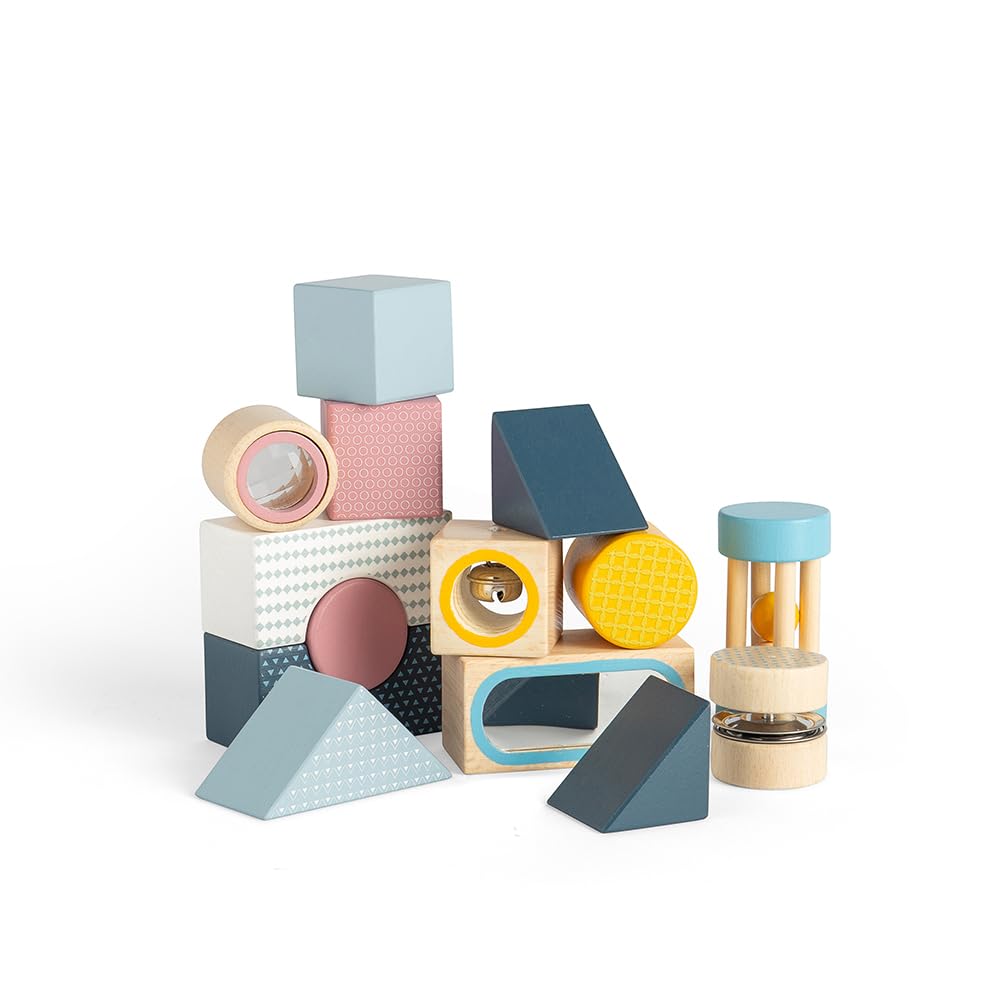 Bigjigs Toys Sensory Explorer Blocks - 14 Pieces Wooden Building Bricks with Tray, Baby & Toddler Stacking Shapes, Sustainably Made, Montessori Gifts, Age 18 Month Olds +