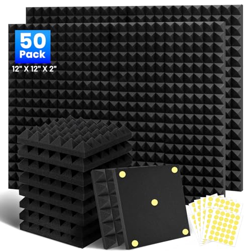 50 Pack Sound Proofing Panels, 2"x12"x12" Acoustic Foam Wall Panels, Soundproofing Panels, Sound Proof Panels for Walls, Sound Absorbing Panels for Studio, Home, Office, With Double Sided Tape