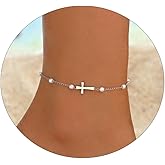 Kyazeo Dainty Cross Ankle Bracelets for Women 18K Gold Plated Tiny Pearl Colorful Beads Beach Summer Simple Foot Jewelry Anklets for Jewelry Gift