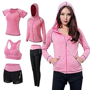 Inlefen Women’s Tracksuit Yoga Sport Clothing Suits Hooded Coat Sweatshirt Two Pants Running Athletic 5pcs Sets