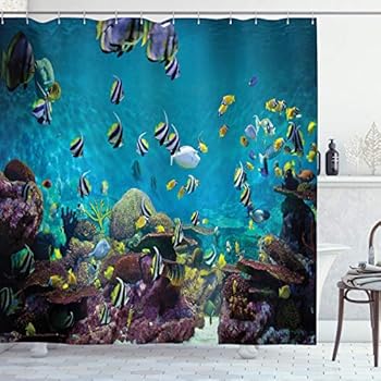 Ambesonne Ocean Decor Collection, Untouched Wild Underwater Aquatic World with Corals Exotic Fishes Seascape Picture, Polyester Fabric Bathroom Shower Curtain, Aqua Teal Yellow Navy White Green
