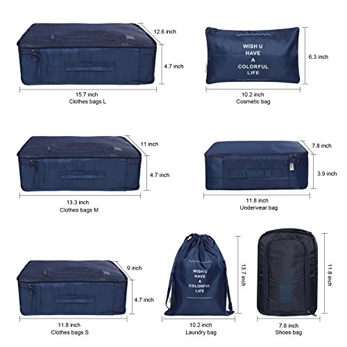 Swify Packing Cubes Set 7 for Travel Luggage Organizer with Toiletry Bag & Shoes Bags, Heavy Duty Compression Packing Pouches (Navy Blue)