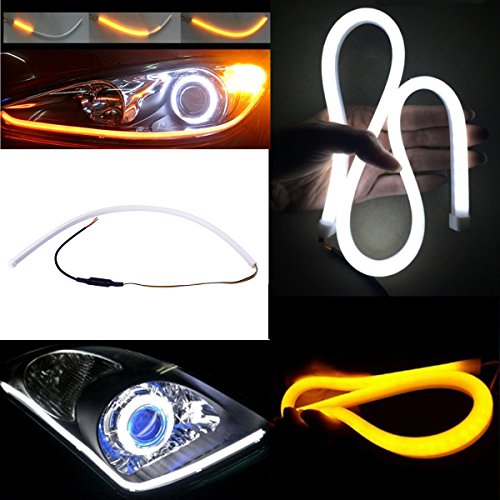 2Pcs 24 Inches Dual Color White/Sequence Amber LED Strip Tube, YANF Car Flexible Daytime Running Lights DRL Switchback Headlight Decorative Lamp and Flowing Turn Signal Light