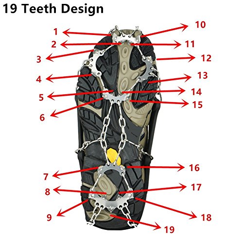 Crampons Universal Flexible Anti-Slip Ice Grips Snow Traction Cleats Ice Spikes Crampon with Stainless Steel Chain for Climbing Hiki(19Teeth black L)