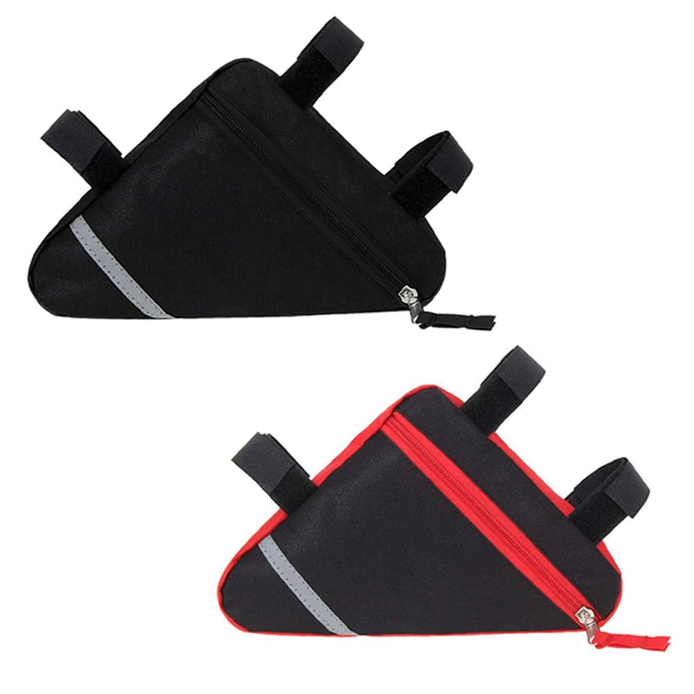 QitinDasen 2 Pieces Bike Triangle Bag, Waterproof Bicycle Front Tube Frame Triangle Bag with Double-Sided Reflective Decoration (Red + Black)