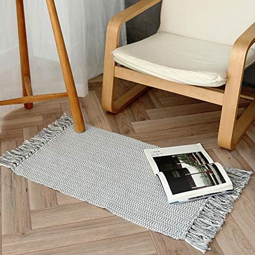 OJIA Cotton Woven Chindi Area Rug, Throw Rug with Tassels Handwoven Reversible Rag Rug Welcome Doormat Bath Mat for Entryway Laundry Room Front Porch Kitchen (2’ x 3’, Light Grey)