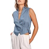 Amazhiyu Womens 100% Linen Summer V Neck Sleeveless Self Tie Waist Wrap Crop Top