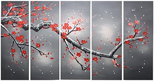 WXSM 100% Hand Painted Large Plum Blooming 5 Pieces Wall Art Red Flowers Framed Oil Painting for Living Room Home Decor, Ready to Hang - (12"x32" x 5 Panels)