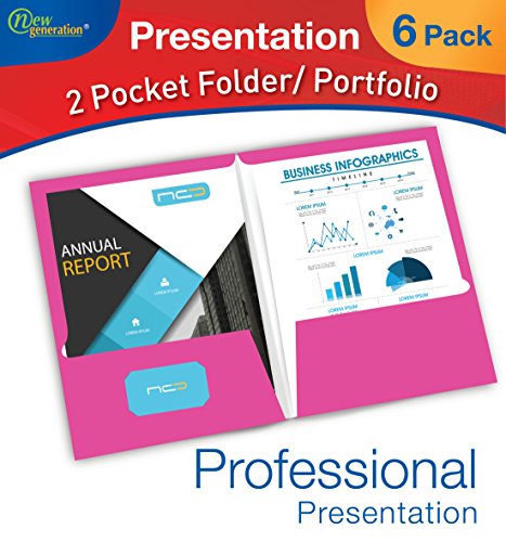 New Generation - PINK - 2 Pocket Presentation Folder / Portfolio 9.25 x 12 Inches Heavy Duty paper UV Glossy Laminated - 6 Folders per Pack in a Display Box