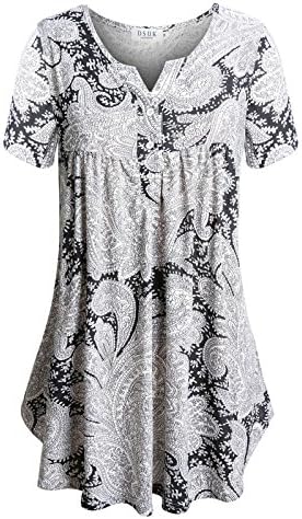 Swing Shirts,DSUK Women's Notch V Neck Flared Scallop Hem Loose Fitted Button-up Flower Printed Loose Swing Fashion Designs Vintage Style Summer T-Shirt Tunics for Easy-Going Black White Medium
