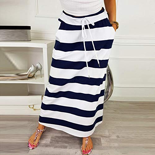 Clearance! Elogoog Womens Casual Elastic Waist Stripe Skirt Stretch Hight Waist Stripe Maxi Long Skirts with Pockets (L, Dark Blue)