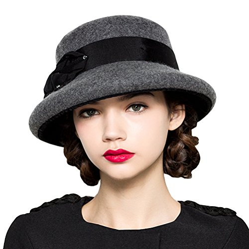 Maitose Women's Bow Flowers Wool Felt Hat Dark Grey