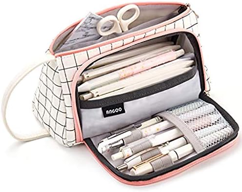 Linen Pencil Case, Large Capacity Colour for Pen, Storage Pouch for Office Student Plaid White Plaid White