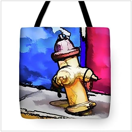 Hydrant Yellow Blue Red Tote Bag by Artist Carolina Mendez. 13"x13" 16"x16" 18"x18"