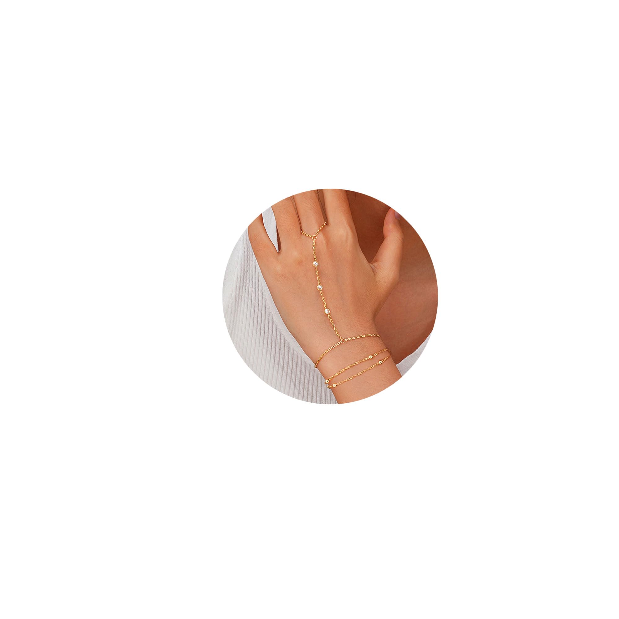 Photo 1 of Hand Chain Bracelet Ring Hand Chain 14K Dainty Finger Bracelet Hand Jewelry Gold Bracelet for Women Trendy Summer Essentials Stuff Boho Beach Wedding Jewelry Gifts Adjustable Size (Gold-zircon 01)