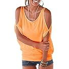 Ranphee Orange Summer T Shirt Women Short Sleeve Cold Shoulder Loose Fit Pullover Casual Top