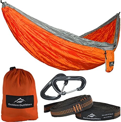 Outdore Outfitters Portable Lightweight Double Camping Hammock Set With FREE Tree Straps And Aluminum Wire gate Carabiners - Diamond Woven 70D Ripstop Parachute Nylon - 400lb Capacity