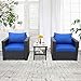 3-Piece Patio Wicker Conversation Furniture Set,Outdoor PE Rattan Single Chair Armchair Sofa and Side Table Furniture, Black/Royal Blue Cushion