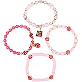 HWJQ 4Pcs Cute Strawberry Beaded Bracelet Charms Strawberry Clay Enamel Pearl Stretch Bracelets Fruit Slice Bracelet for Women Summer Beach Jewelry Gifts