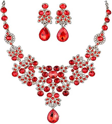 Wedding Bridal Prom Crystal Rhinestone Pendant Necklace &amp; Earrings Jewelry Sets By Wat (Red)