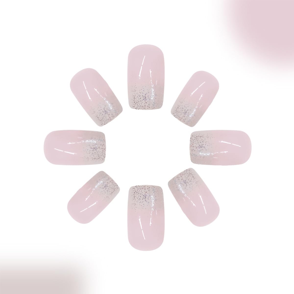 24Pcs White Glitter French Tip Press on Nails Short Square Fake Nails Glossy Nude Pink Design Glue on Nails Artificial Reusable Stick on Nails Coffin Acrylic Nail Tips Full Cover False Nails for Women - Image 4