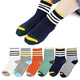 Queen-Ks Kids Boys and Girls Three Bars Toddler Striped Athletic Contrast Crew Cotton Socks Non Skid Sports Ankle Seamless