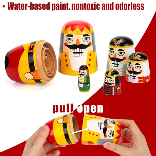 MCPINKY 5PCS Nutcracker Nesting Dolls, Christmas Wooden Nesting Dolls Handmade Stacking Toy Matryoshka Russian Dolls for Christmas Stocking Stuffer Gift Home Decoration