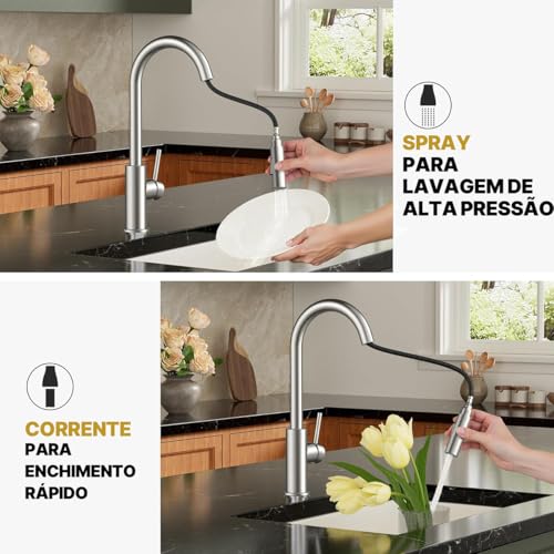 Torneira de Cozinha com Pulverizador Retrátil, Torneira de Pia de Cozinha de Alavanca Única em Níquel Escovado com Arco Alto, Aço inoxidável, Rotação de 360°, Torneiras para Pias de Cozinha