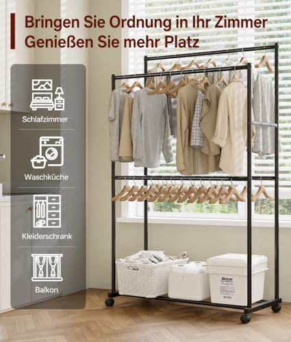 Tujurich Heavy Duty Clothes Rack - 92 x 54 x 183 cm, 4-Rail Double Rail Clothes Rail on Wheels, Metal Clothes Rack for Bedroom, Living Room, Washroom, Black