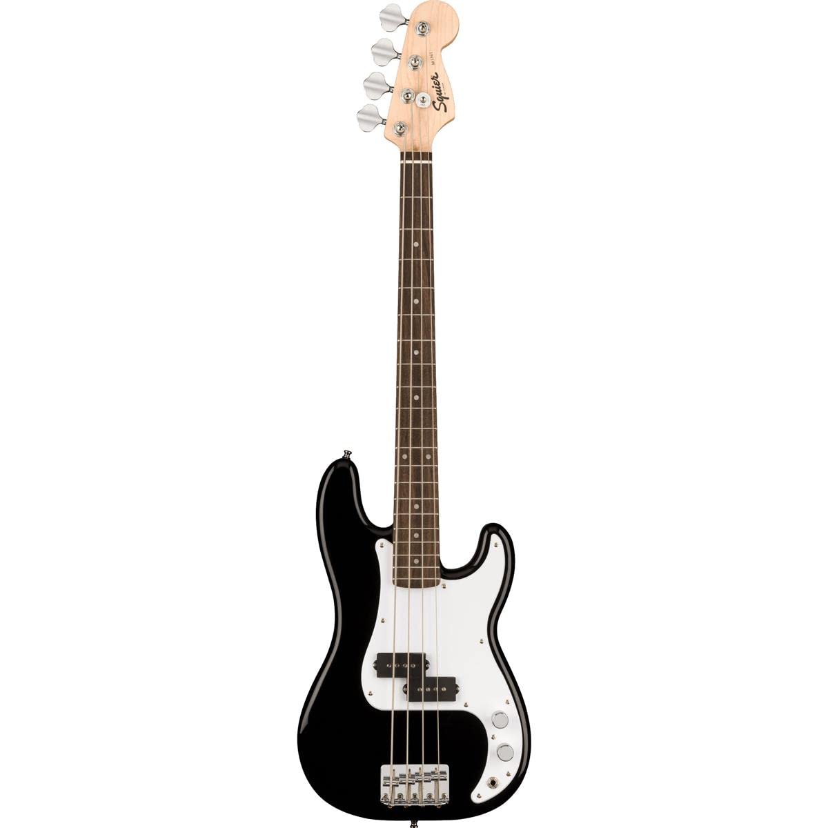 Squier by Fender Mini bajo de precisión de escala corta con 2 años de garantía, diapasón de laurel, afinadores sellados de fundición a presión y pastilla de bobina única dividida, mástil de arce, negro